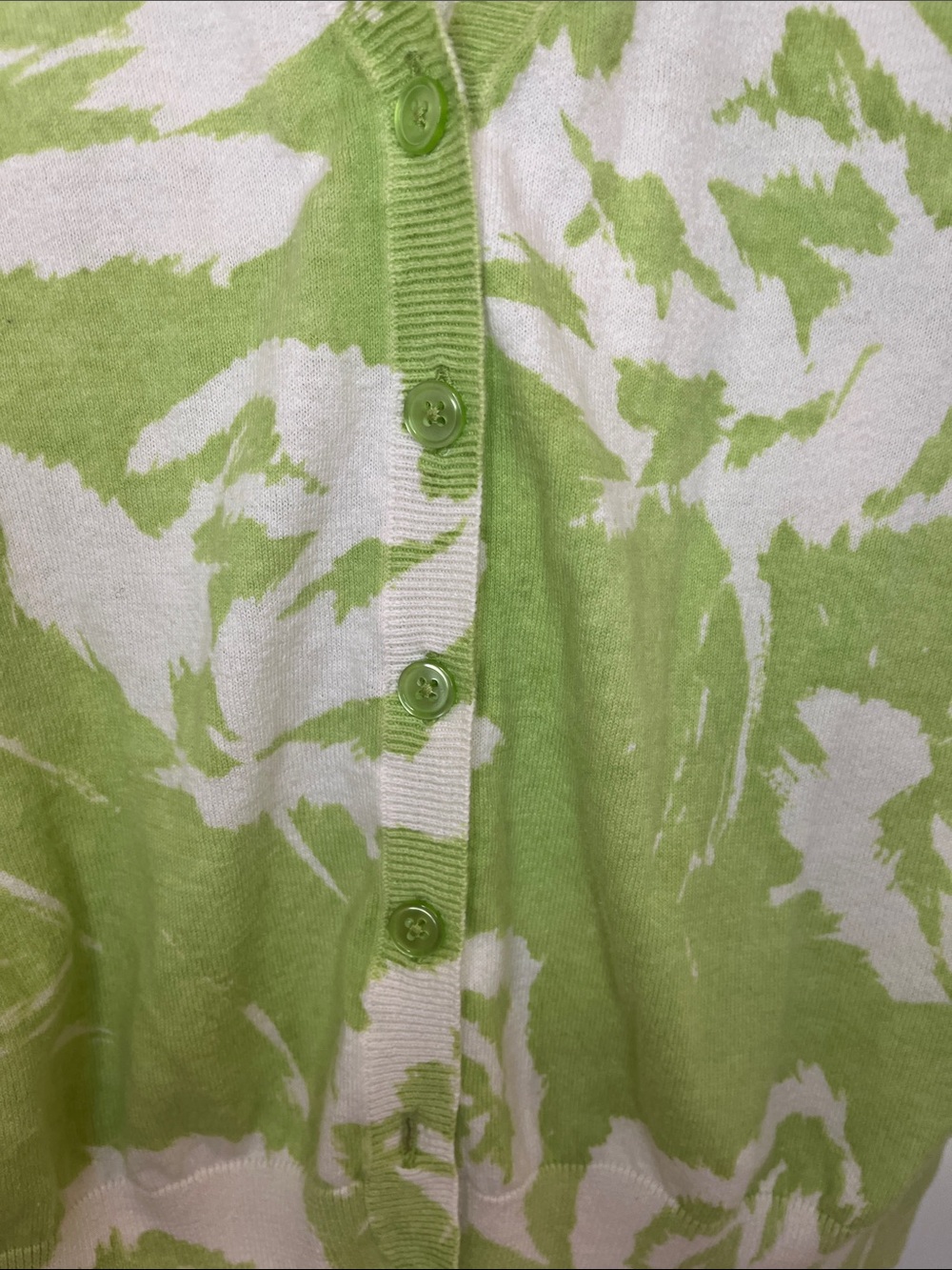 St. John's Bay Lime Green and White Floral V-Neck Cardigan PL Cotton - Picture 4 of 6